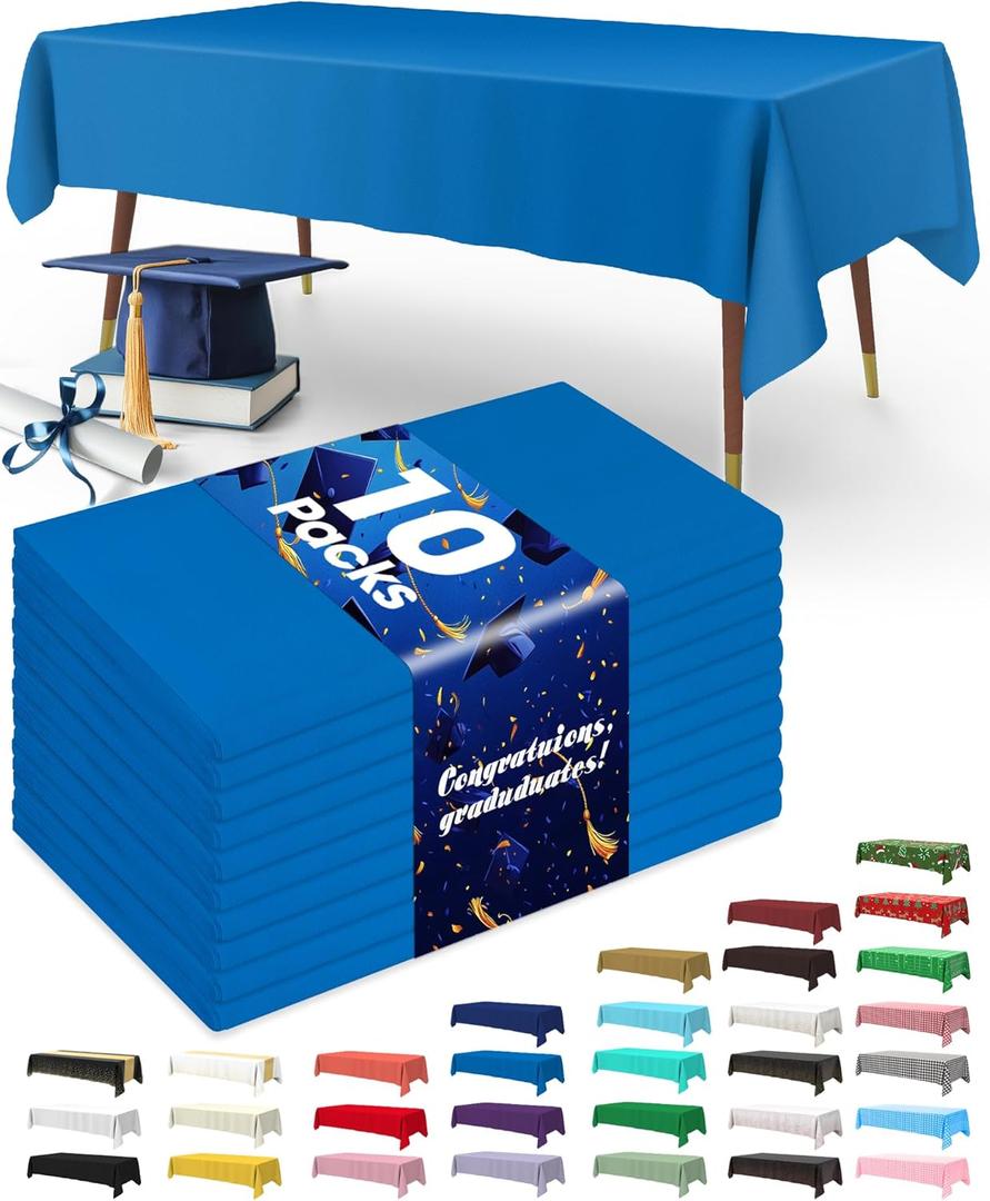 Pureegg Plastic Table Cloth Disposable 10 Pack, 54 x 108 Inch Table Cloths, Graduation Decorations Class of 2025, Graduation Party Tablecloths, Rectangle, Plastic Cover, Leakproof & Sturdy, Blue