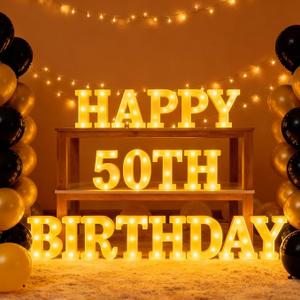Honoson 17 Pcs 50th Birthday Party Decoration Happy 50th Birthday Light up Table Sign 6.42 Inch LED Neon Marquee Lights for Room Table Wall Decoration Party Supplies