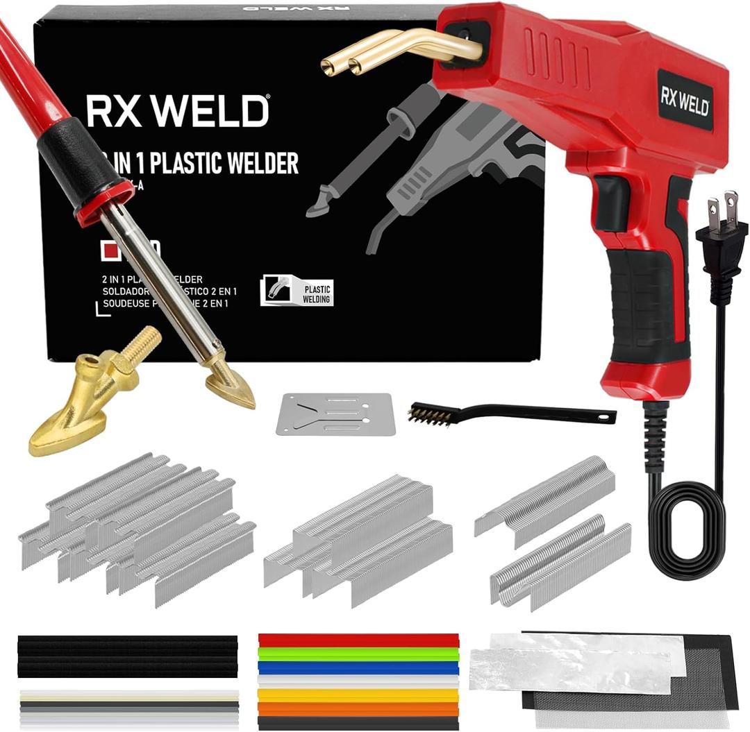 RX WELD Plastic Welder, 2 in 1 Welding Kit Repair Welder Kit 1000PCS Hot Stapler for Car Bumper Cracks, Kayaks, Plastic Toys, Patent Number D1052628 (Red)