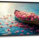 Large Lake Floral Landscape Wall Art for Living Room, Nature Boat Flower Canvas Oversized Wall Decor, Rose Scenery Framed Pictures Painting Print Artwork for Bedroom Office 60L x 30W