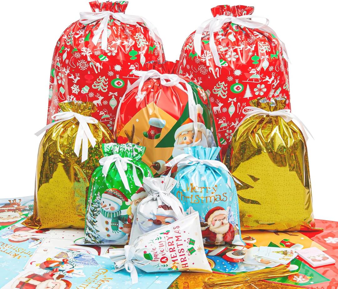 Christmas Gift Bags, 24pcs Drawstrings Christmas Gifts Bags Bulk Assorted Sizes, Reusable Plastic Xmas Presents Wrapping Holiday Goody Bag With Ribbon Ties&Tags, Extra Large/Big/Medium/Small Size