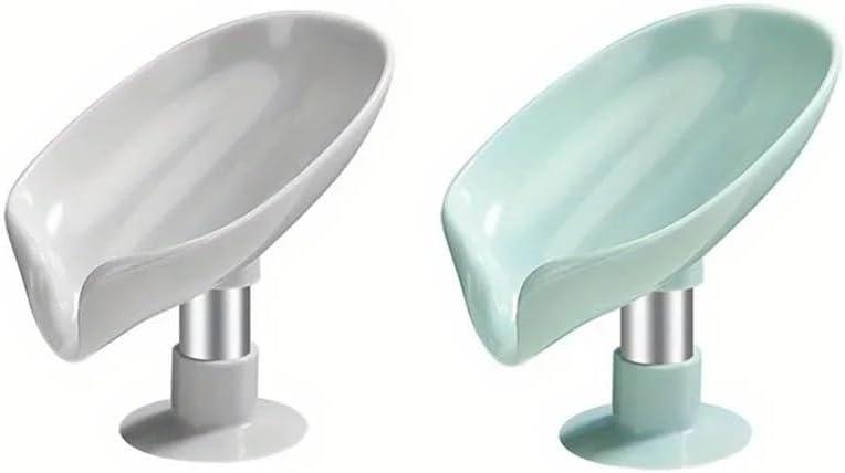 2 pcs Leaf Shape Soap Tray Soap Box, Non-Slip Drain, Suction Cup, Green & Grey