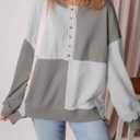 SHEWIN Womens Oversized Color Block Sweatshirts Casual Loose Button Henley Pullover Tops (X-Large, Grey)