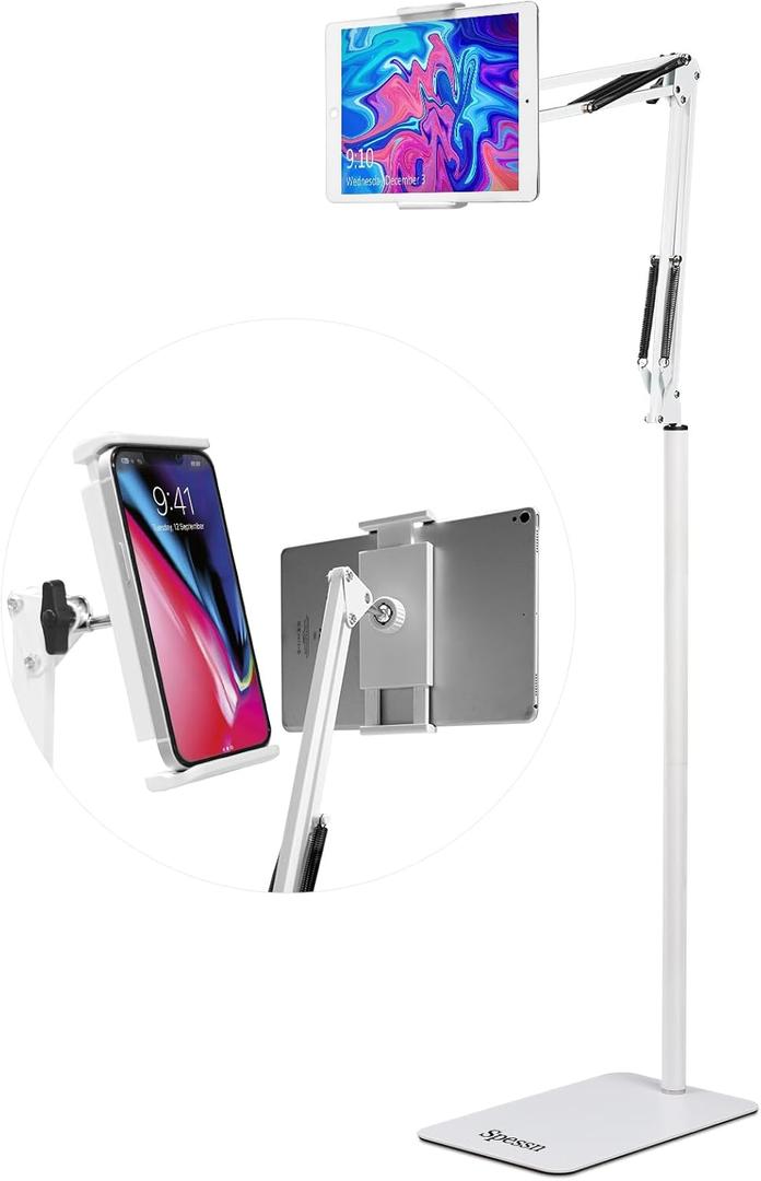 Adjustable Tablet Floor Stand Universal 360-degree Rotatable Metal Tablet Holder Phone Stand Compatible iPad/iPhoneX/iPad Pro 4.5~12.9 Inch-Screen, Phone, Kindle (White)