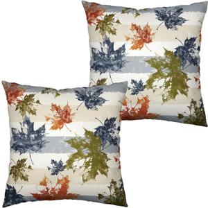 2 Pack Thanksgiving Maple Leaves Pillow Covers Colorful Leaf Pillow Cases Blue White Striped Throw Pillow Covers Fall Cotton Linen Farmhouse Pillow Covers for Living Room Patio Outdoor 20x20