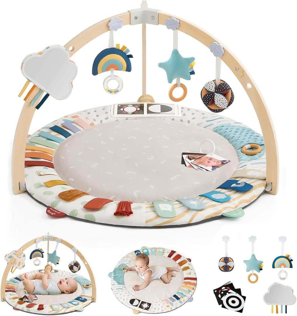 Blissful Diary Baby Play Gym & Activity Mat, 5 Developmental Zones Wooden Tummy Time Mat with 6 Detachable Sensory Toys for Motor Skills & Sensory Development, Baby Essentials Shower Gift