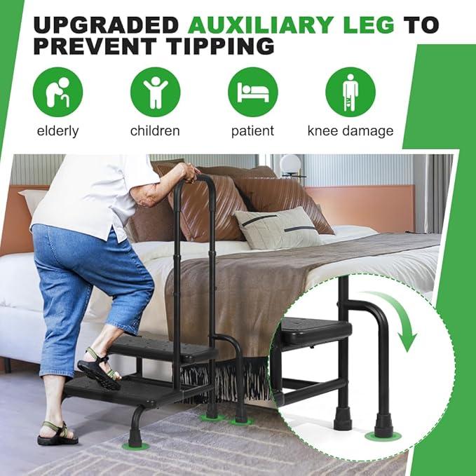 LUCKUP Step Stool with Handle, 2-Step Stools with Adjustable Handrail & Reinforced Leg, Bedside Stair Stool for Adults Elderly Children, Non-Slid Foot Bed Steps for High Beds, Kitchen, Bathtub