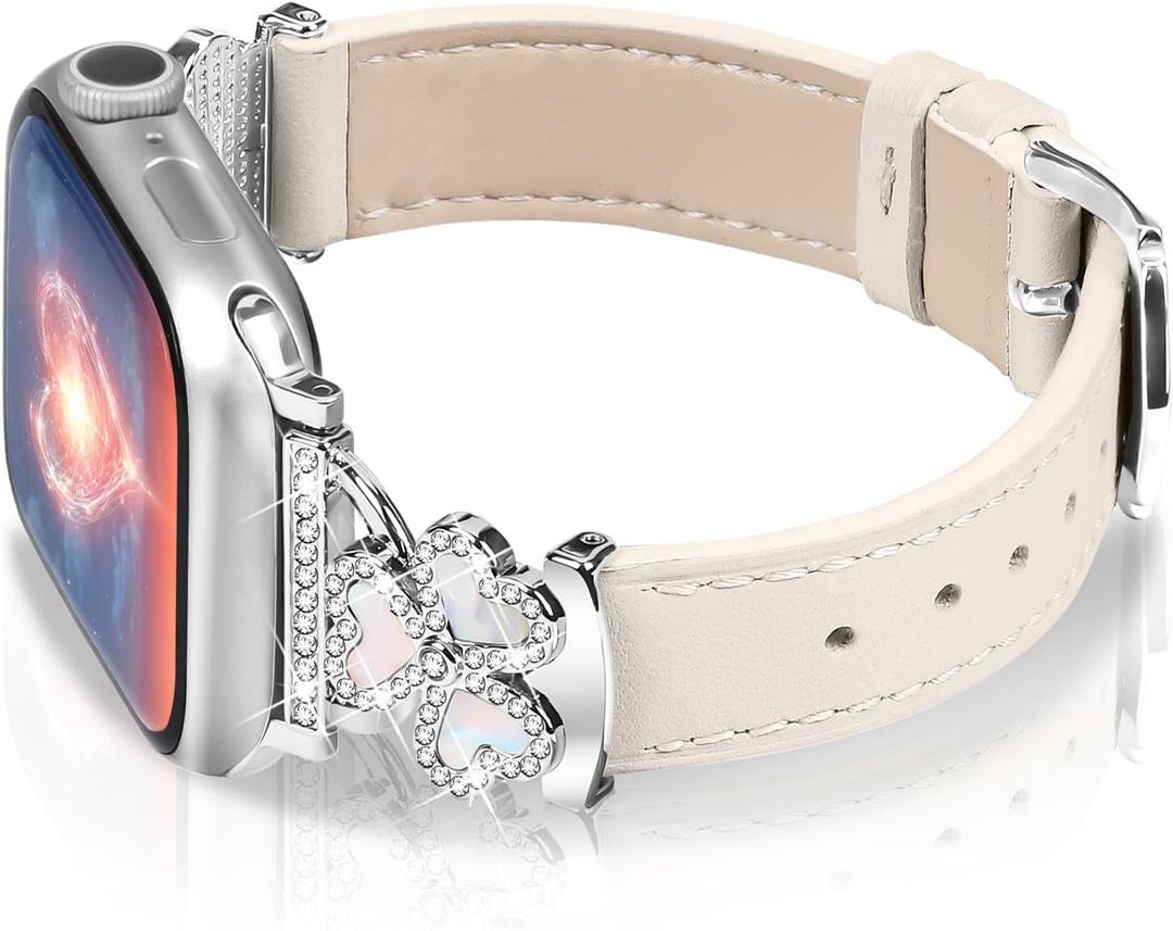 OULUCCI Leather Bands Compatible For Apple Watch Band 40/38/41/42/44/45/46mm Dressy Slim Leather Strap With Designer Three Hearts Design Buckle For Iwatch Series 11/9/8/7/6/5/4/3/2/1/SE/Ultra 2 (Starlight/Silver)