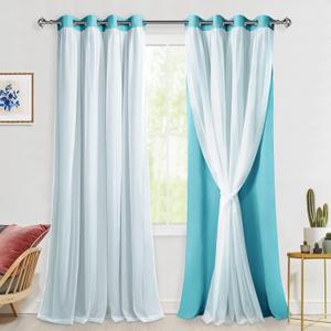 Hiasan Blackout Curtains with Sheer Overlay, Thermal Insulated Sun Blocking Grommet Window Curtains for Bedroom, Living Room, Kids' Room, 2 Drape Panels with Tiebacks, Turquoise, 52W X 96L