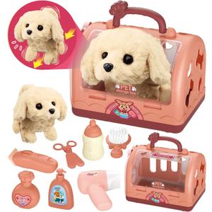 TEUVO Pet Care Play Set Robot Dog Toys for Kids 12Pcs Puppy Dog Toy Pet Walk Grooming Vet Toys Set with Interactive Electric Dog Plush & Cage Pretend Play Gifts for Girls Toddlers 3 4 5 6 7 8 Year Old