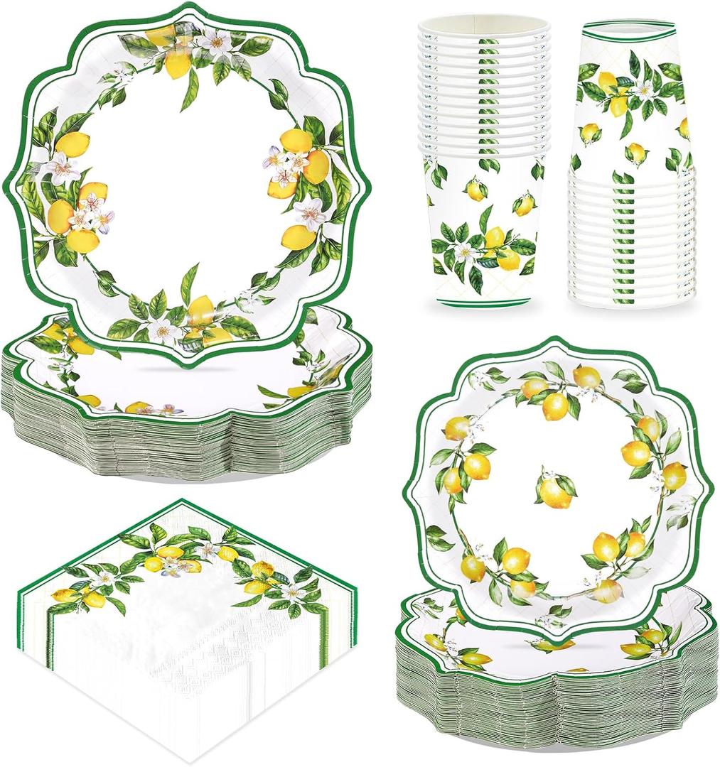 250Pcs Lemon Party Decorations Green Lines Lemon Plates and Napkins Yellow Lemons Theme Birthday Tableware Set for Spring Summer Lemons Bridal Shower Baby Birthday Party Supplies, Serves 50