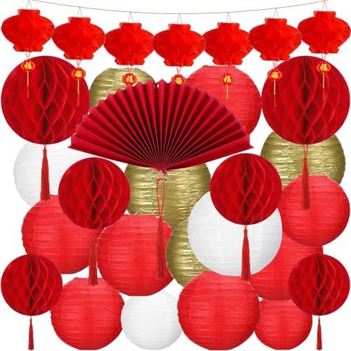 24Pcs Chinese New Year Decorations 2026, Lunar New Year Paper Fan Lantern Decoration Set, Oriental Red Lucky Chinese Hanging Ornaments Ceiling Wall Decor for 2026 Chinese Spring Festival Year of Horse