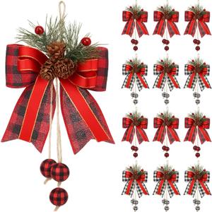 Jenaai 12 Pcs Christmas Burlap Plaid Bows with Pine Cones Pine Needles Large Christmas Buffalo Plaid Bows Holiday Xmas Burlap Ribbon Bow for Tree Decor Gift Wrapping (Black and White, Black and Red)