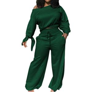 Casual 2 Piece Outfits for Women Sexy Long Sleeve Sweatsuit Jogging Long Pants Sets Tracksuit with Pockets (Small, Dark Green)