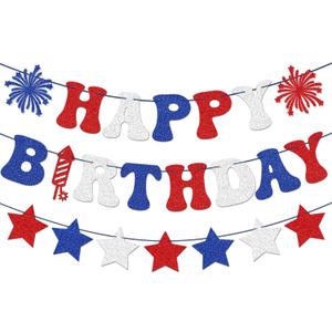 4th of July Happy Birthday Banner - Red, White + Blue Paper Glitter, 4th of July Birthday Decorations, USA Stars Banner, America Independence Day Veterans Day Birthday Party Favors