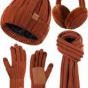 Winter Hat Gloves Scarf Earmuffs Set for Women, Fleece Lined Beanie Long Scarf Touchscreen Gloves Ear Warmer, 4 in 1 Gift Set (Dark Orange)