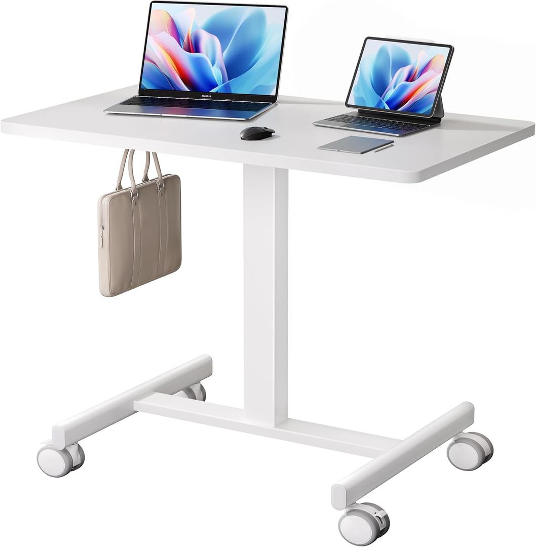 Mobile Standing Desk, Small Standing Rolling Desk, Portable Laptop Desk with Lockable Wheels, Computer Workstations, Adjustable Height, White