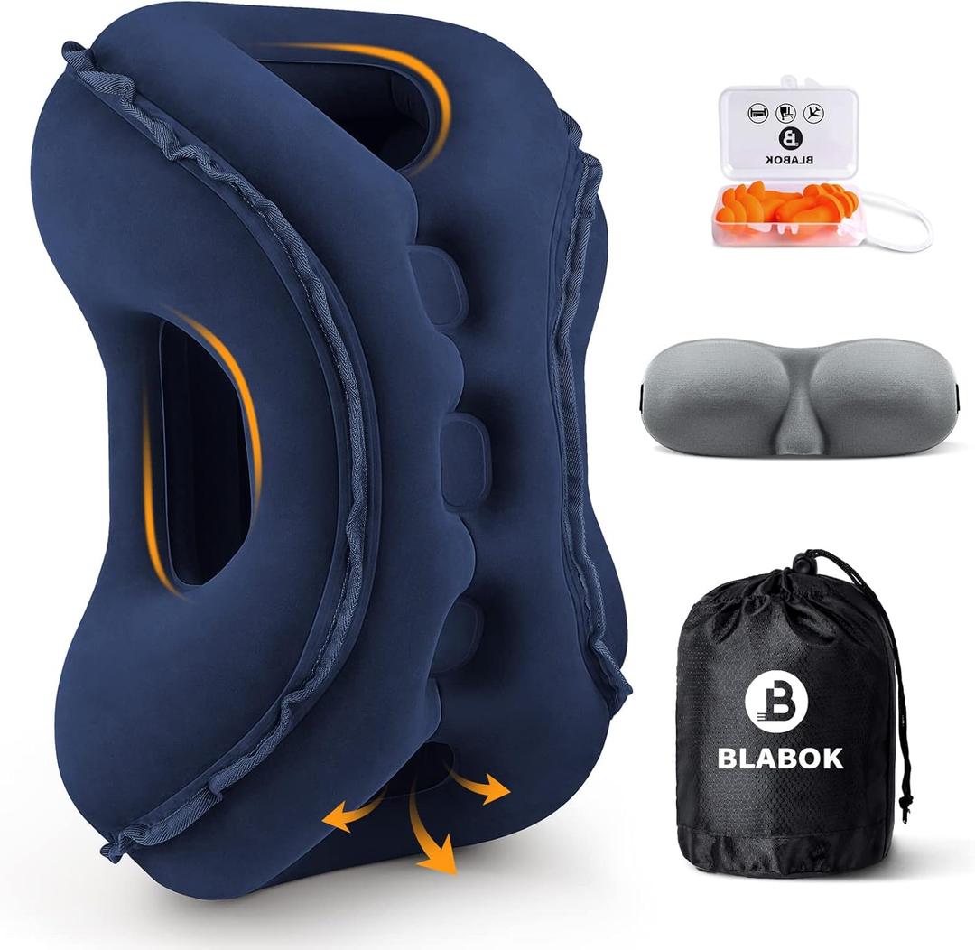 Inflatable Travel Pillow,Multifunction Travel Neck Pillow for Airplane to Avoid Neck and Shoulder Pain,Support Head,Neck,Used for Sleeping Rest, Airplane and Home Use,with Eye Mask, Earplugs,Blue (Medium)