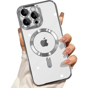 Misscase for iPhone 16 Pro Case with Privacy Screen Protectors,[Camera Lens Protector] Clear Magnetic Luxury Plating Case Compatible with MagSafe Elegant Anti-Scratch Case Cover Silver