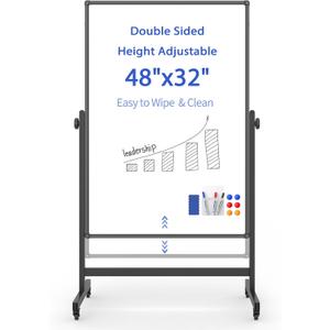 Rolling Whiteboard on Wheels, Double-Sided Magnetic Dry Erase Board with Stand, Mobile White Board for Office, Classroom, Home (32" x 48")