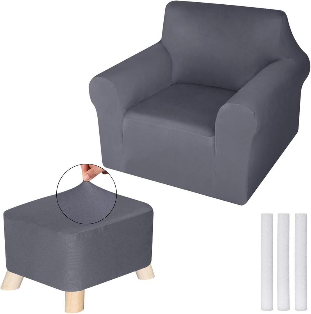 Chair and Ottoman Covers Slipcover Set Armchair Cover T Cushion Chair Slipcover Milk Silk Sofa Furniture Protector Couch Soft for Armchair Ottoman(Dark Gray)