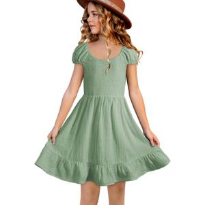 blibean Teen Girls Cotton Dress Smocked Sundress with Pocket 6-15 Years (12-13 Years, A Green)