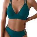 Fanuerg Women's Sexy V Neck Bikini Sets Hollow Out Two Piece Swimsuits Cutout Mid Waist Bathing Suit (Medium, Blue Green)