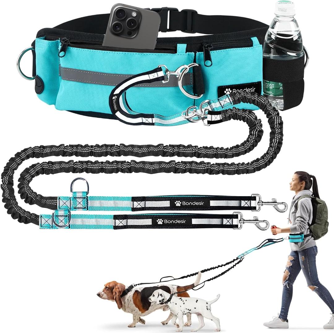 Waist Leash for Double Dog Walking 2 Small, Medium and Large Dogs; Shock-Absorbing, No Pull, No Tangle, Heavy Duty, Hands-Free Double Bungee 2 Dog Leash; Hiking, Walking, Running Gear with Accessories