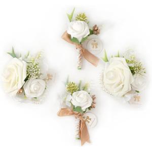 Corsage and Boutonniere Set(4-Pieces) Corsage for Prom,Groom and Best Man Boutonnieres for Wedding Ceremony Anniversary, Formal Dinner Party Homecoming Celebration(White)