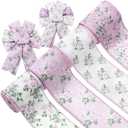 Vintage Floral Wired Edge Ribbon Purple Rose Flower Ribbon Retro Spring Fabric Ribbon for Wreath Bow Making DIY Crafts Wrapping, 4 Rolls, 24 Yard