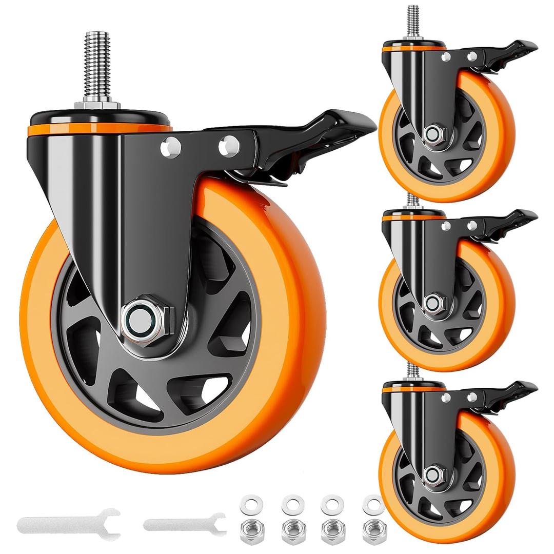 Stem Caster Wheels 4 Inch Heavy Duty Threaded Stem Casters UNC 3/8"-16 x 1 Swivel Casters Set of 4 with Safety Dual Locking Wheel for Furniture and Cart
