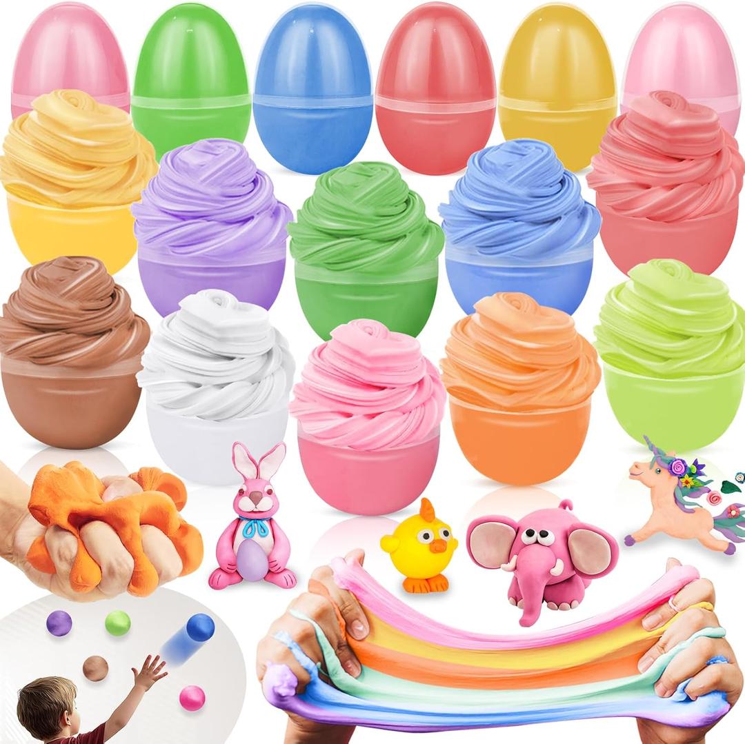 AMENON 18 Pack Easter Basket Stuffers Fillers Butter Slime Kit Easter Eggs Fidget Toys Air Dry Clay Stress Relief Non-Sticky Stretchy Putty Slime Party Favors for Kids Boys Girls Hunt Classroom Gift