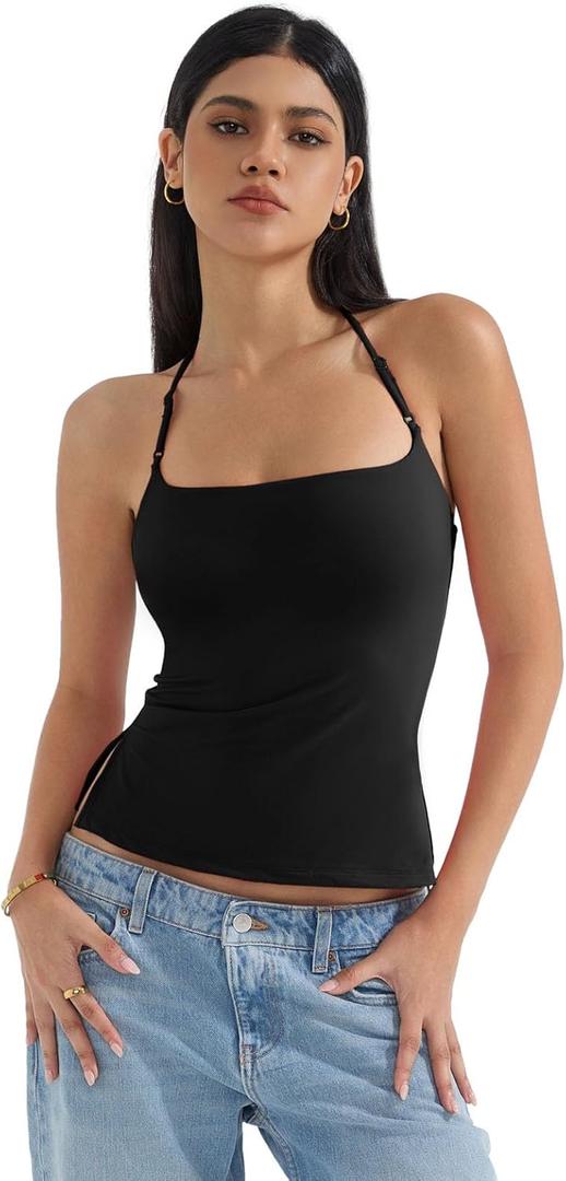 SUUKSESS Women Halter Double Lined Tank Top Backless Going Out Camisole Crop Top (X-Small, Jet Black)
