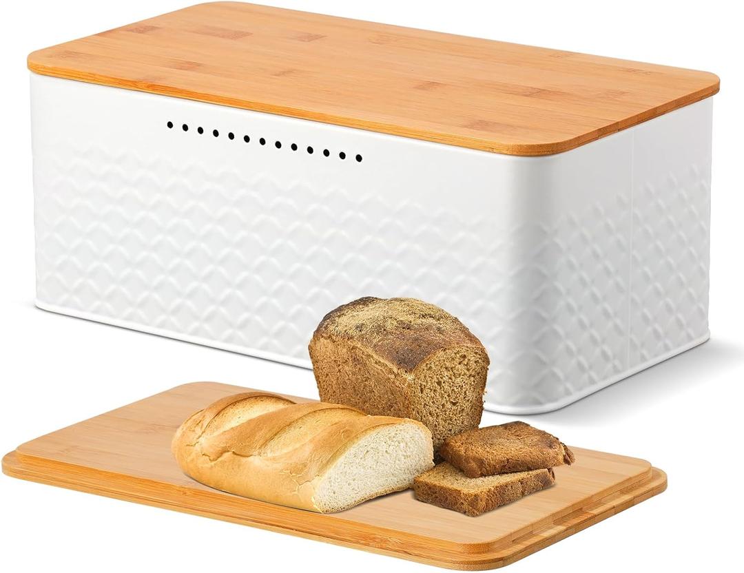 Phyllia Bread Box, Metal Bread Storage Container with Bamboo Lid Usable as Cutting Board, Breadbox Holder for Kitchen Countertop, 13 x 7 x 5.3 inch (White)