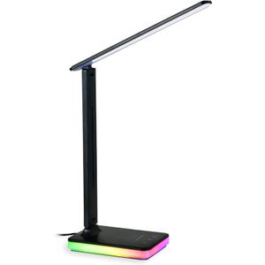 LED Desk Lamp with RGB Atmosphere Light, 5W USB Output, 5 Color Temp, Slide Steplessly Adjust Brightness, Touch Control, Foldable Table Light with Adapter (Black)