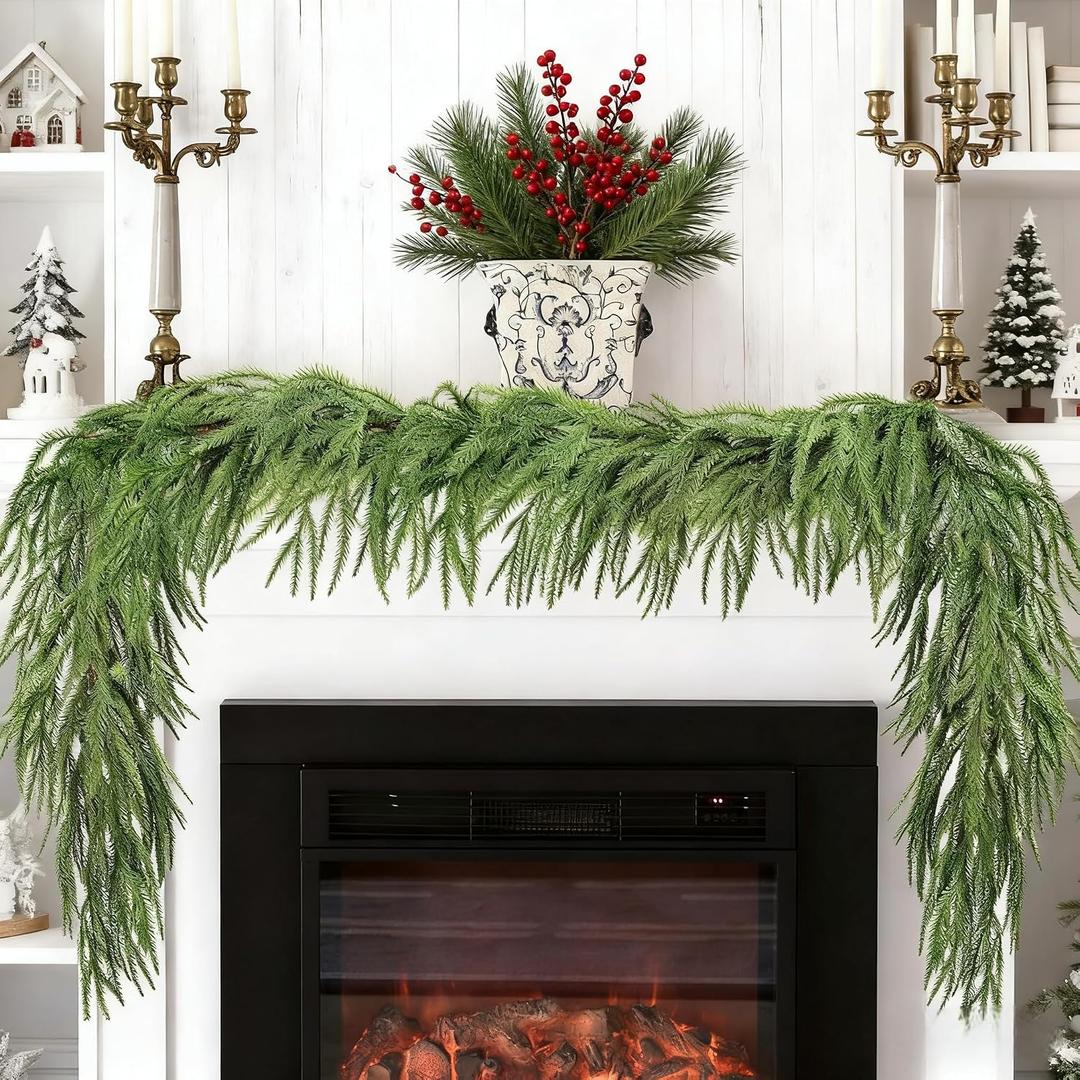 Christmas Norfolk Pine Garlands - 9Ft Real Touch Artificial Faux Winter Dense Greenery Garland for Table Mantle Fireplace Wall Window Wreath Xmas Indoor Outdoor Holiday Decoration