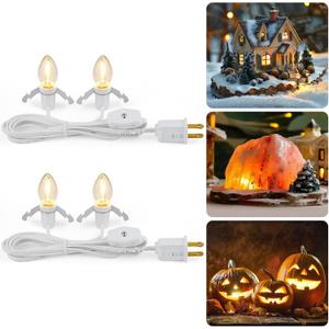 Brightown Accessory Cord with 2 LED Light Bulbs - UL Listed 5 Feet Christmas Village Cords, Rotary Switch, Fused Plug for Crafts, Halloween Pumpkin, Holiday Ornaments, White Cord, Warm White, 2 Pack