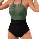 B2prity Women's Slimming One Piece Swimsuits Tummy Control Bathing Suit Halter Swimwear for Big Busted Curvy Woman (Green/Black, Large, Z-93)