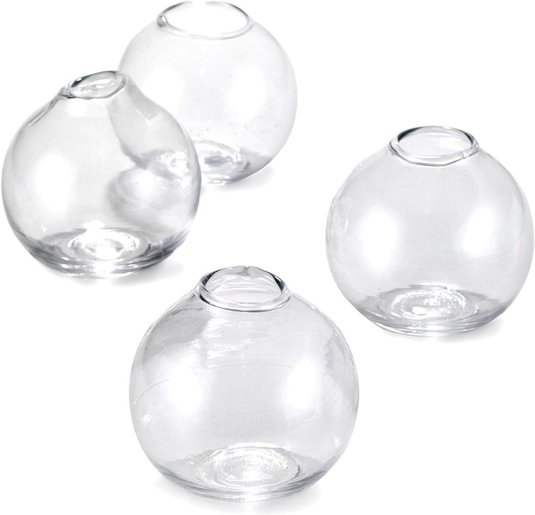Serene Spaces Living Set of 4 Clear Ball Glass Bud Vase, Short Vases for Centerpieces for Home Decor, Events, Weddings, Measures 3" Tall & 2.75" Diameter