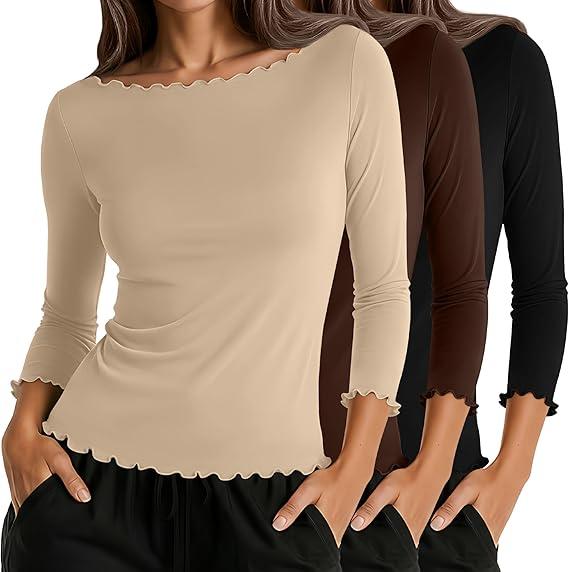 Ficerd 3 Pack Women's 3/4 Sleeve Lettuce Trim Tight Tops Boat Neck Cotton T Shirts Slim Fit Casual Fitted Basic Tees, Black, Brown, Cream, L 