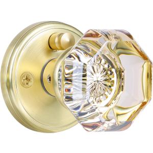 Champagne Glass Door Knobs Interior with Lock, Gold Satin Brass Crystal Privacy Octagon Door Knobs for Bedroom Bathroom