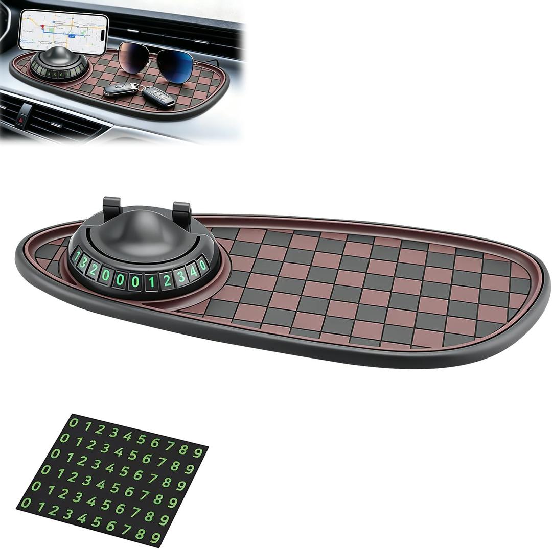 Mobile Phone Bracket Anti-Slip Mat,Universal Fit Anti-Slip Mat,Multifunction Car Dashboard Mat with Temporary Parking Number,360° Rotating Adjustable Phone Holder (Black-Brown)