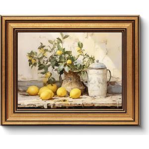 Myzoran Vintage Gold Framed Kitchen Wall Art,Yellow Lemon Still Life Wall Decor, Rustic Farmhouse Artwork, Antique Fruit Vase Picture, Canvas Prints Posters for Living Room Bedroom Decor 9x11 Inch