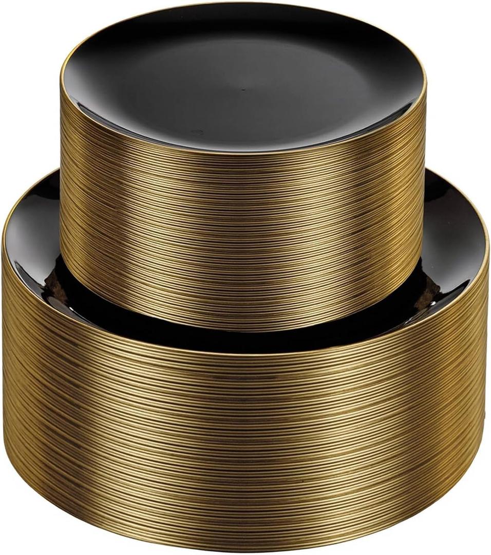 KIRE 100PCS Black and Gold Plates - Black Plastic Plates Disposable with Gold Rim for Halloween Party/Wedding/Birthday Include 50Pcs 10.25inch for Dinner and 50Pcs 7.5inch for Dessert/Salad