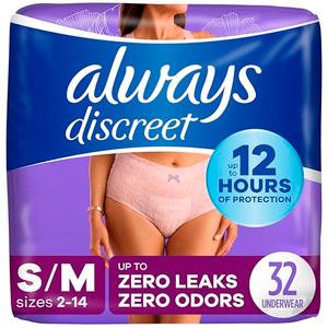 Always Discreet Incontinence & Postpartum Incontinence Underwear for Women, Small/Medium, Maximum Protection, 32 Count, S/M