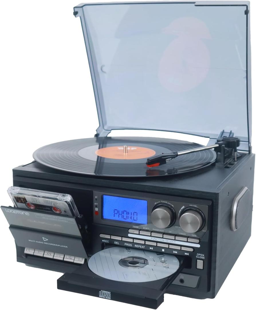 Record Player 9 in 1 3 Speed Bluetooth Vintage Turntable CD Cassette Vinyl Player AM/FM Radio USB/SD Encoding Aux-in RCA Line-Out (Black)