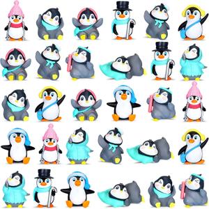 Macarrie 30 Pcs Mini Penguin Figurines Cute Penguin Characters Toys Collection Playset Mini Cartoon Cake Topper Winter Figurines Cake Decoration for Boy Girl(Vivid)