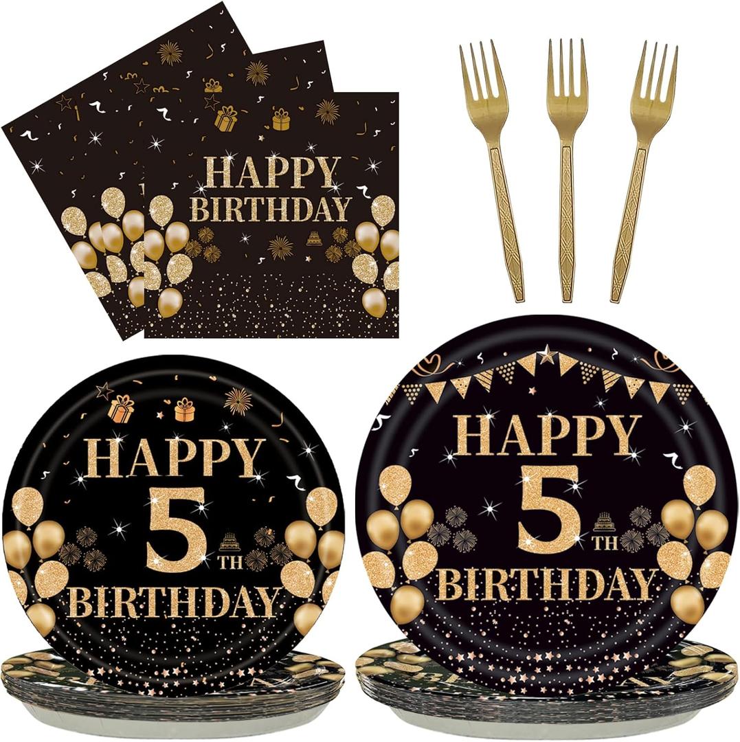 96PCS 5th Birthday Party Plates Set Black and Gold Theme Decorations Include Black Gold Plates and Napkins Forks for 5 Year Old Boys Girls Birthday Party Supplies Serves 24 Guests