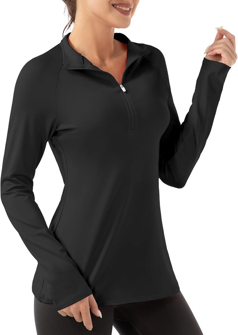 FKEEP Women's Polo Shirts Long Sleeve UPF 50+ Sun Protection Tennis Golf Workout Tops Sport Zipper V Neck (Black, S)