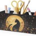 Witchy Black Cat Pen Holder for Home Office Desk, Cat Lover Gifts, Witchy Moonlight Floral Black Cats Makeup Brush Toothbrush Holder Organizer for Bathroom Desk Accessories